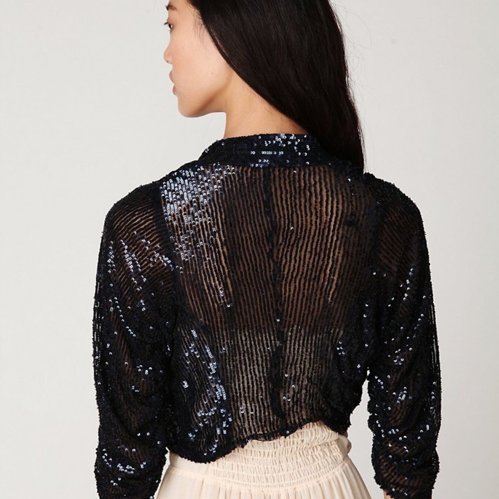 NWT FREE PEOPLE CROPPED BLUE SEQUIN JACKET, SIZE S - Picture 7 of 7